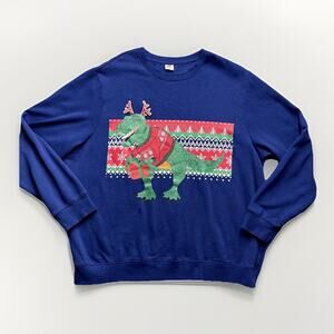 Holiday Time T-REX Ugly Sweater Mens 2XL Christmas Dinosaur Blue Crew Neck Fun